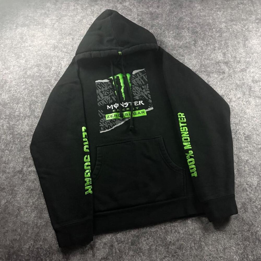 Monster Energy Zero Sugar Men’s M Black Green Graphic Y2K Pullover Hoodie